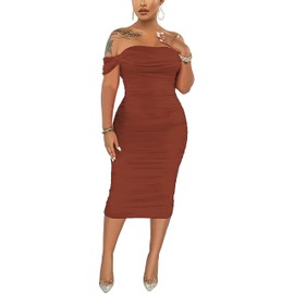 Women's Sexy Off Shoulder Sleeveless Bodycon Ruched Midi Elegant Cocktail Evening Party Night Tube Dresses X-Large