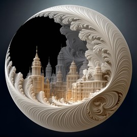 Bgraamiens Rompecabezas Redondo de 1000 Piezas – Ciudad Lunar Fractal – Diseño Circular de Nivel Experto para Adultos – Arquitectura Barroca con Arte Espiral Surrealista