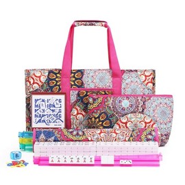 American Mahjong Tile Set with Rose-Red Printed Carrying Bag, 166 Premium White Tiles, 4 All-in-One Color Racks/Pushers, Mah Jongg Sets, Complete Mahjong Game Set for Travel