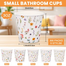 Yungyan 300 Pcs Paper Bathroom Cups 2 oz Wildflowers Print Bathroom Cups Disposable Mouthwash Rinse Cup for Home Picnic Beverage Coffee Dessert Tasting Wedding Birthday Party Event(Wildflower White)