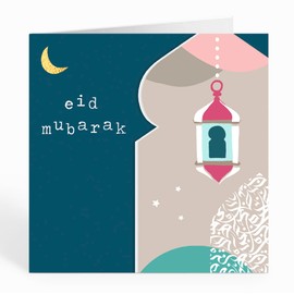 Islamic Moments Eid Mubarak Greeting Card In Navy With Arch, Lantern And Calligraphy