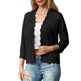 GRECERELLE Womens Summer Cardigan Knit Jumpers Shrugs Ladies Lightweight Soft Casual Scalloped Edges Cardigans for Dress Summer Evening Wedding (Black, L)