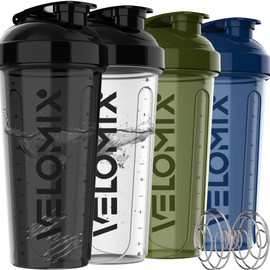 VELOMIX -4 PACK- 28 oz Protein Shaker Bottle for Protein Mixes - 4x Wire Whisk | Leak Proof Shaker Cups for Protein Shakes | Protein Shaker Bottle Pack | Protein Shake Cup (NeoCool Pack)