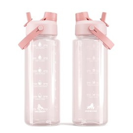 POWCAN - Botella de agua de plástico de 40 onzas con tapa 2 en 1, sin BPA, botella de agua motivacional con marcador de tiempo, a prueba de fugas y re