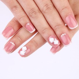 Press On Nails French Tip Press On Nails 3D White Flower Pearl Nail Simplicity Stick On Nails Acrylic Fake Nail Kit Press On Nails For Women 24pcs