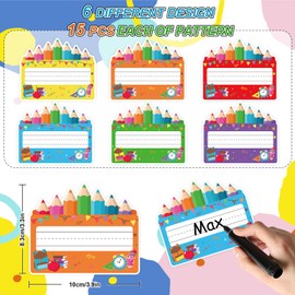 FYSUIMU 90 Pcs Back to School Name Tag Stickers Colored Pencil Nameplates First Day of School Self-Adhesive Label Decals for Students Teacher Desk Classroom, 6 Designs