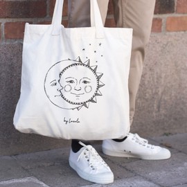 Loxato Printed Fabric Bag - Cotton Bag - Printed 100% W 35 x H 42 x D 8 cm - Canvas Fabric 220 g/m2 - Jute Bag Printed - Shopping Bag Long Handle 70 cm - Shopping Bag, Moon and Sun., l