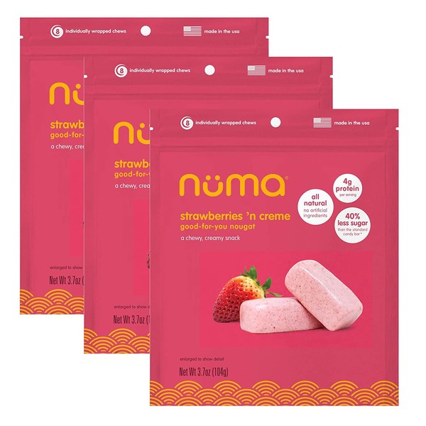Healthy Strawberries and Cream Soft Candy - Low Sugar, Low Calorie, All Natural Chewy Snack, 3g Protein per Serving, Gluten Free - 3 Bags with 24 Individually Wrapped Chews Total