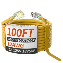 PlugSaf 100ft 12/3 Gauge Outdoor Extension Cord Waterproof with Lighted Indicator,12 Gauge SJTW Heavy Duty 15Amp 1875W,3 Prong Cords Flexible Yellow ETL Listed