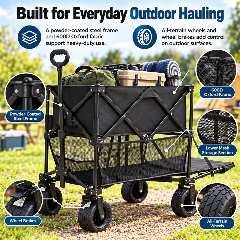 2-Tier Folding Utility Wagon for Outdoor Transport - 220 lb