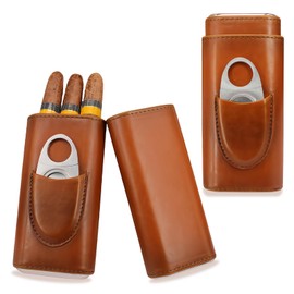 Cigar Case, Leather Cigar Case for 3 Cigars, Portable Humidor Cigar with Cigar Cutter, Cigar Box Lined with Cedar Wood, Humidor for Travel Short Trips Going Out, brown, Vintage Functional