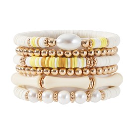 Sajidos Heishi Gold Beaded Bracelet Set for Women Stackable Colorful Acrylic Tube Polymer Clay Pearl Bead Stretch Bracelets Summer Beach Bohemian Bracelets Jewelry for Women