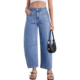 Astylish Women's Wide Leg Jeans High Waisted Barrel Cropped Trendy Stretchy Pants with Fashion Spring Patch Pockets Size 8 Ashleigh Blue
