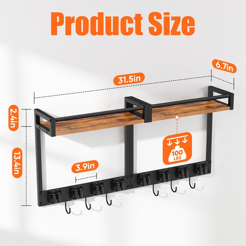 FLOUREE Broom Holder Wall Mount with Shelf, 15.7" Wx6.7 Dx15.7