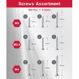 Wood Screws Kit,360pcs Self Tapping M3,M3.5,M4 Screws Assortment, Ideal for Diy,Furniture Assembly, and Repairs. Durable, and Perfect for Various Woodworking Projects