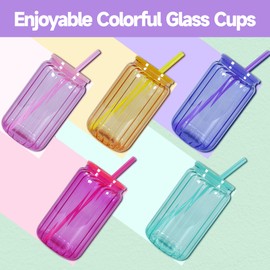 FECBK 30 Pack Sublimation Glass Cups with Lids and Straws 16 oz Colorful Sublimation Beer Glass Can Shaped Borosilicate Sublimation Glass Tumblers for Beer, Juice, Soda, Iced Coffee-(Inner Stripe)
