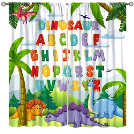 AAVEUP Dinosaur Alphabet ABC Curtains, Cartoon Jurassic Forest Plants for Educational Learning Windows Treatments Drapes for Kids Boys Nursery Children Toddler Bedroom 42x45in（No Blackout）