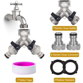 2-Way Brass Tap, Garden Hose Diverter with Separate Switch and Two Quick Connections, Nickel-Plated 2-Way Brass Tap Distributor - Solid Brass (Silver)