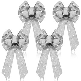 Giegxin 4 Pcs Christmas LED Wreath Bow Xmas Wreath Burlap Bow LED Lights Bow Winter Door Wall Decor Christmas Tree Topper for Indoor Outdoor Winter Xmas Decoration, 18 x 10 Inch (Silver)