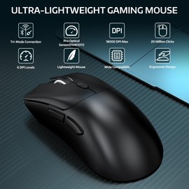 ATTACK SHARK R1 Wireless Gaming Mouse,Tri-Mode Connection (2.4G/Wired/BT5.2),55g Lightweight,18K DPI Optical Sensor,HUYU 20 Million Key Life,Ergonomic Design,for PC/Laptop/Win/Mac(Black)