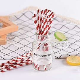 Bright Red and White Stripes Drinking Paper Straws, 7.75 Inch Red Stripes(100 Pieces)
