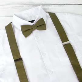 Spring Notion Mens' Linen Blend Suspenders and Bow Tie Set for Groomsmen Wedding, Olive 48 Inch