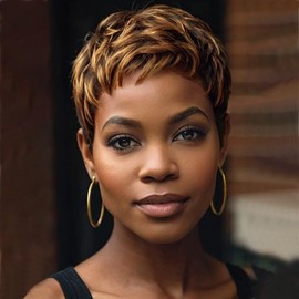 Short Pixie Wig, Layered Honey Blonde Highlights Heat Resistant Synthetic Hair Wigs for Women Mixed Blonde Brown Hairstyles Short Haircut Wig Synthetic Hair (Highlight Brown)