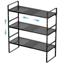GEDLIRE Expandable Kitchen Cabinet Shelf Organizers 3 Pack, Stackable Metal Pantry Storage Shelves Rack, Adjustable Counter Spice Shelf for Cabinets, Countertop, Cupboard Organizers and Storage, Black