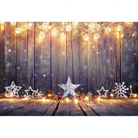 YongFoto 3 x 2.5 m Photo Background Poinsettia String Shiny Lights Snowflakes RIC Wooden Planks Christmas Photography Background Photo Shooting Portrait Party Kids Photo Studio Pro