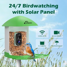 Smart Bird Feeder with Camera, 2K HD Birdwatching Camera with AI Identify Bird Species & Solar Panel, Auto Video Capture & Instant Notifications, Ideal Gifts for Lover, Green