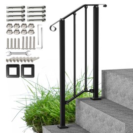 Outdoor Stair Handrails, 2 Steps Black Wrought Iron Railing Kits for Concrete or Wooden Porch Steps