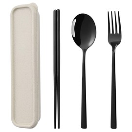 Sunwinc 3 Pcs Camping Silverware,Stainless Steel Travel Outdoor Flatware Set Chopsticks Spoon Fork/Portable Travel Work Utensils Cutlery Set with a Wheat Straw Case (Silver-1set)