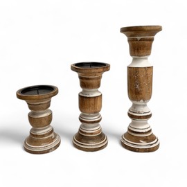 Set of 3 Rustic Wooden Pillar Candle Holders – 12'', 9'', 6'' Farmhouse Wood Candle Stands for Table Centerpieces, Vintage Tall Candleholders for Fireplace Mantel & Living Room Decor, White