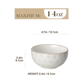 MALACASA Small Bowls, 14 Ounce Ice Cream Bowl, Stoneware Dessert Bowls Set of 4 with Embossment for Snack, Chip, Fruits, Side Dishes - 4.5 Inch, Arctic White Series LYDIA