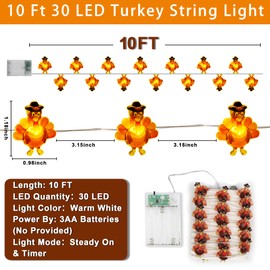 30LED/10Ft Thanksgiving Decorations Turkey Lights with Timer, Thanksgiving Lights Decorations Battery Operated Turkey Lights Copper Wire Fairy String Lights for Thanksgiving Party Home Indoor Decor
