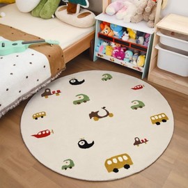 Poowe Round Kids Play Rug 2.6ft, Soft Faux Wool Kids Car/Truck Play Mat Children Rug for Bedroom Living Room Playroom