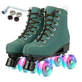 Silvertree Roller Skates for Women and Men PU Leather High-top Adult Roller Derby Skates Wheels Light Up Roller Skates Four-Wheel Shiny Roller Skates for Girls Boys Unisex, Green,Imitation cowhide