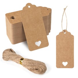 FOMGIIN Kraft Paper Gift Tags, 50 Pcs Brown Gift Tags for Crafts and Easter Christmas Lovely Labels Heart Wedding Hollow Favour Name Tags (50 Pcs Brown Tag with 30M Jute Twine String)