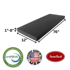 FoamRush 12" x 76" Charcoal High Density Upholstery Foam Cushion Medium Firm USA - 3" x 12" x 76" Charcoal