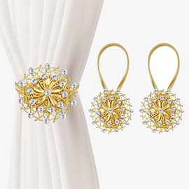 2 PCS Magnetic Curtain Tiebacks, Crystal Decor Curtain Ties for Drapes No Drilling Drapery Holdbacks with High-Elastic Spring Wire for Home Office Window Decorative Holdback, Gold