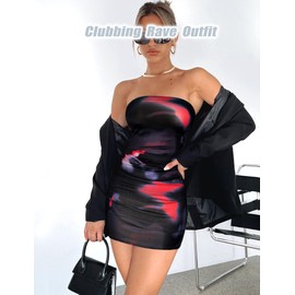 OZICERD Summer Tube Mini Dresses for Women Trendy Y2k Ruched Going Out Club Rave Outfit Bodycon Short Bandeau Dress Black Red S