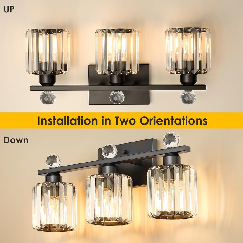KunruiTAI 3-Light Black Modern K9 Crystal Vanity Lights, Black Bathroom