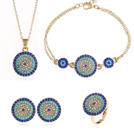 HMOOY Lucky Round Evil Eye Jewelry Set, Gold Inspirational Turkish Hamsa Blue Cubic Zirconia Crystal Pendant Necklace Ring Bracelet & Stud Earrings Sets for Women (Blue)