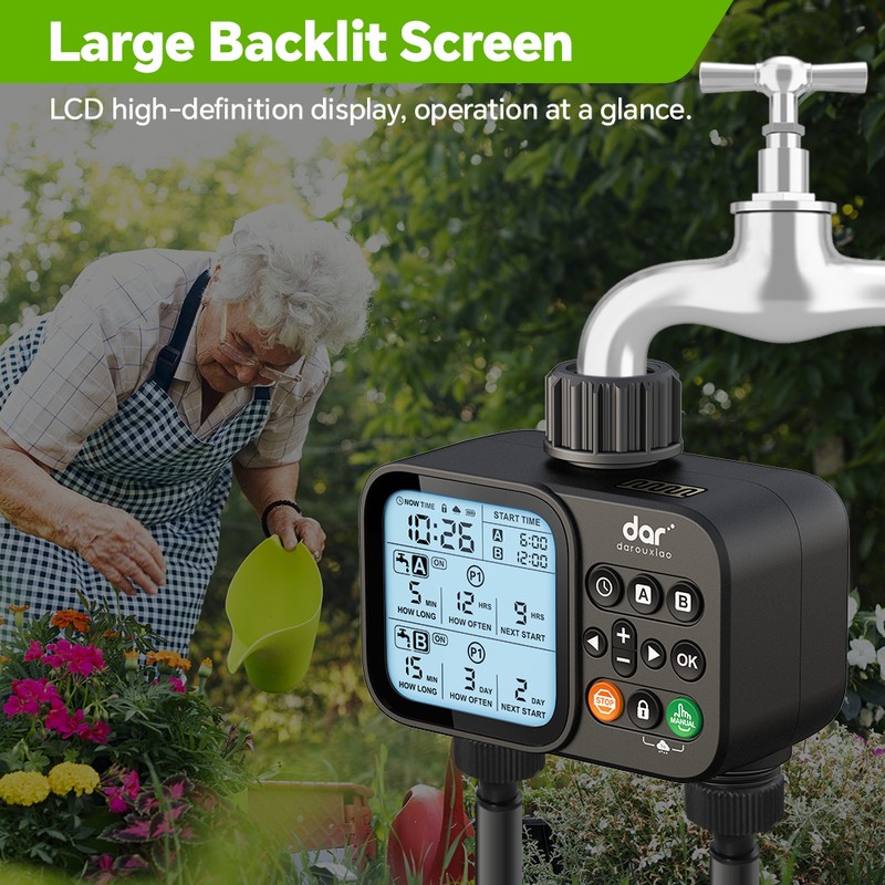 2-Zone Digital Garden Water Timer with Rain Sensor – Automatic