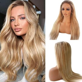 Long Straight 30 Inch Balayage Blonde Human Hair Wigs for Women 150% Density 13x4 HD Transparent Glueless Wigs Human Hair Ombre Golden Brown to Blonde Balayage Lace Front Wig Pre Plucked Hairline