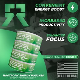 Rebel Supplements Nootropic Energy Caffeine Pouches ? 100mg Caffeine ? Alpha GPC ? Huperzine A & Essential Vitamins ? Sugar-Free ? Coconut Fiber Technology ? Cool Mint Flavor ? 15 Pouches Per Can (Pack of 4)