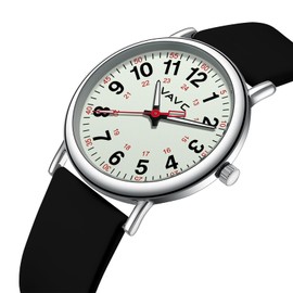 VAVC Waterproof Analog Nurse Watch for Nurses,Students,Medical Professionals,Women Men,with Luminouse Easy Read Dial,Military Time,Second Hand and 24 Hour,Comfortable Black Silicone Band.