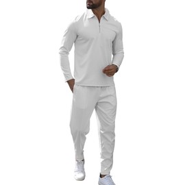 KUYIGO Mens Tracksuits 1/4 Zip Polo 2 Piece Outfits Long Sleeve Pullover Tracksuit Set Sweatshirt and Joggers Casual Waffle Tops Bottoms Sport Activewear Golf Suit XL White