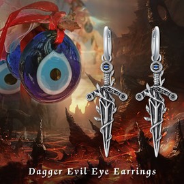 PROESS Sterling Silver Medieval Sword Dangle Drop Earrings Blue Evil Eye Dagger Hoop Earrings Cross Earrings for Women Men