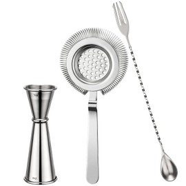 AIZOE 3 Pack Bar Set, Includes Shot Measure Jigger 2 oz 1 oz, 11.8" Bar Spoon Cocktail Mixing Spoon & Hawthorne Strainer, 304 Stainless Steel, Cocktail Set Bartender Kit for Martini Margarita, Silver